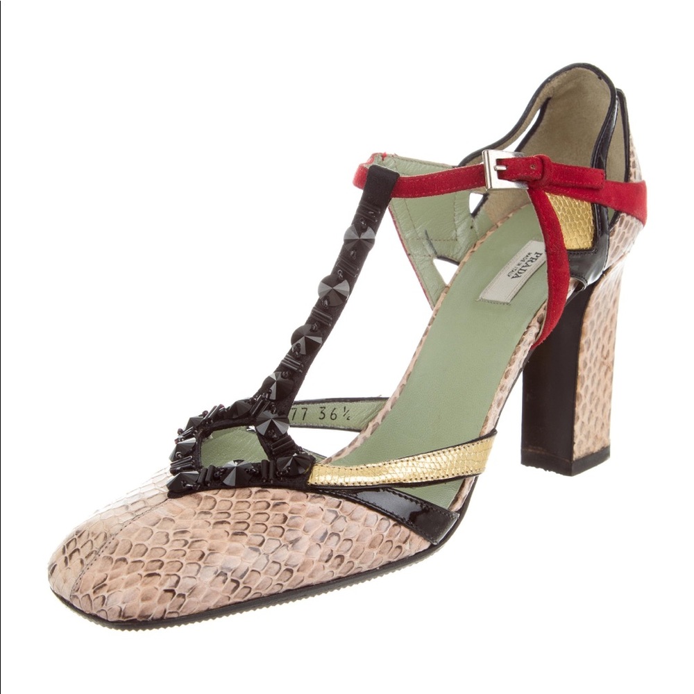 PRADA snakeskin, leather, suede heel